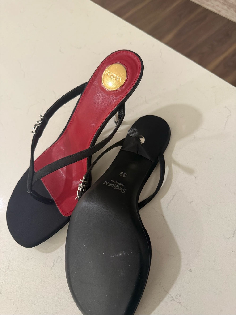 Saint Laurent Black Heeled Slingback Sandals with Red Footbed - Picture 5 of 8